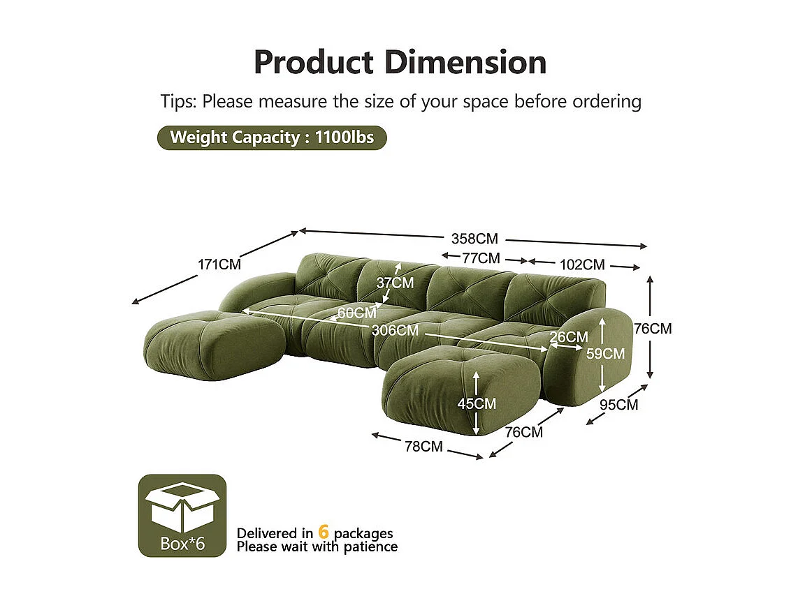 Canapé d'angle 4 places modulable en tissu chenille, avec 2 pouf, 358x171x76cm, Vert