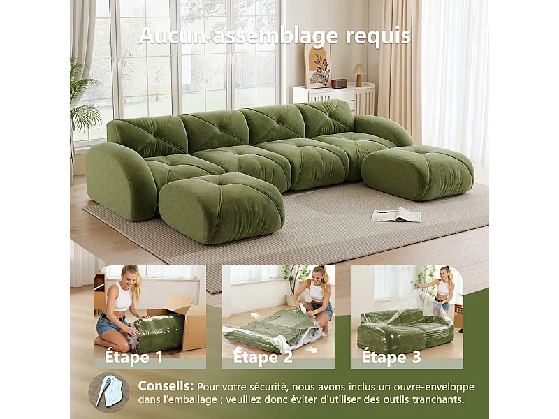 Canapé d'angle 4 places modulable en tissu chenille, avec 2 pouf, 358x171x76cm, Vert