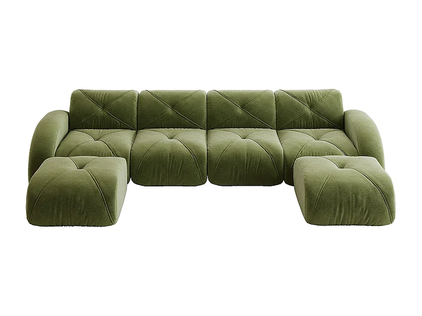 Canapé d'angle 4 places modulable en tissu chenille, avec 2 pouf, 358x171x76cm, Vert