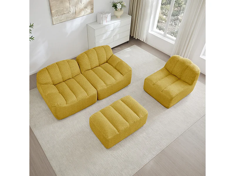Canapé 3 places modulable en forme de L - avec pouf - velours côtelé - 288x165x79cm - Jaune