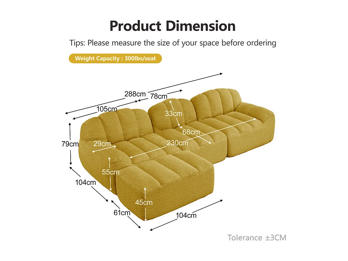 Canapé 3 places modulable en forme de L - avec pouf - velours côtelé - 288x165x79cm - Jaune