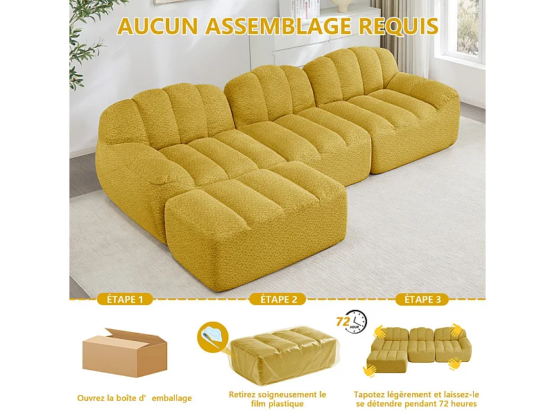 Canapé 3 places modulable en forme de L - avec pouf - velours côtelé - 288x165x79cm - Jaune