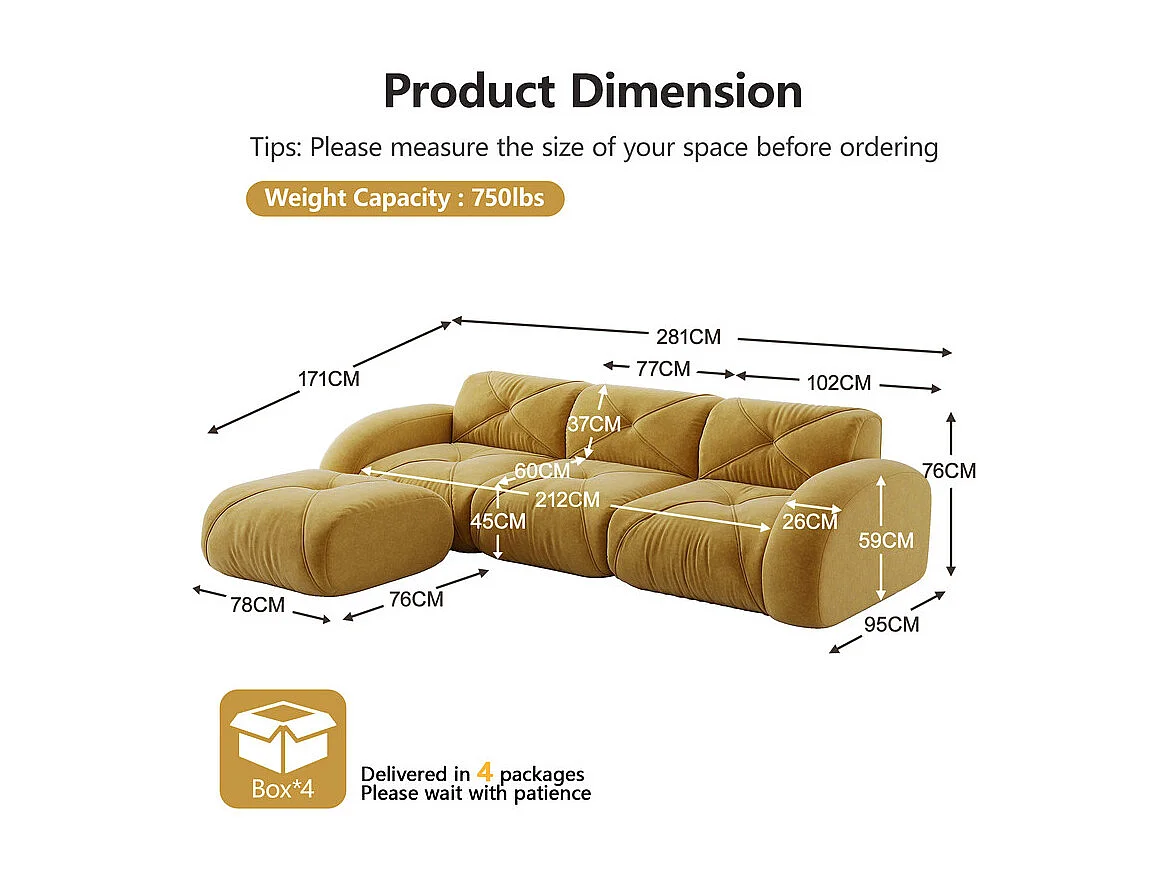Canapé 3 places d'angle modulable en tissu chenille, avec pouf, 281x171x76cm, Jaune