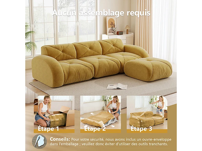 Canapé 3 places d'angle modulable en tissu chenille, avec pouf, 281x171x76cm, Jaune