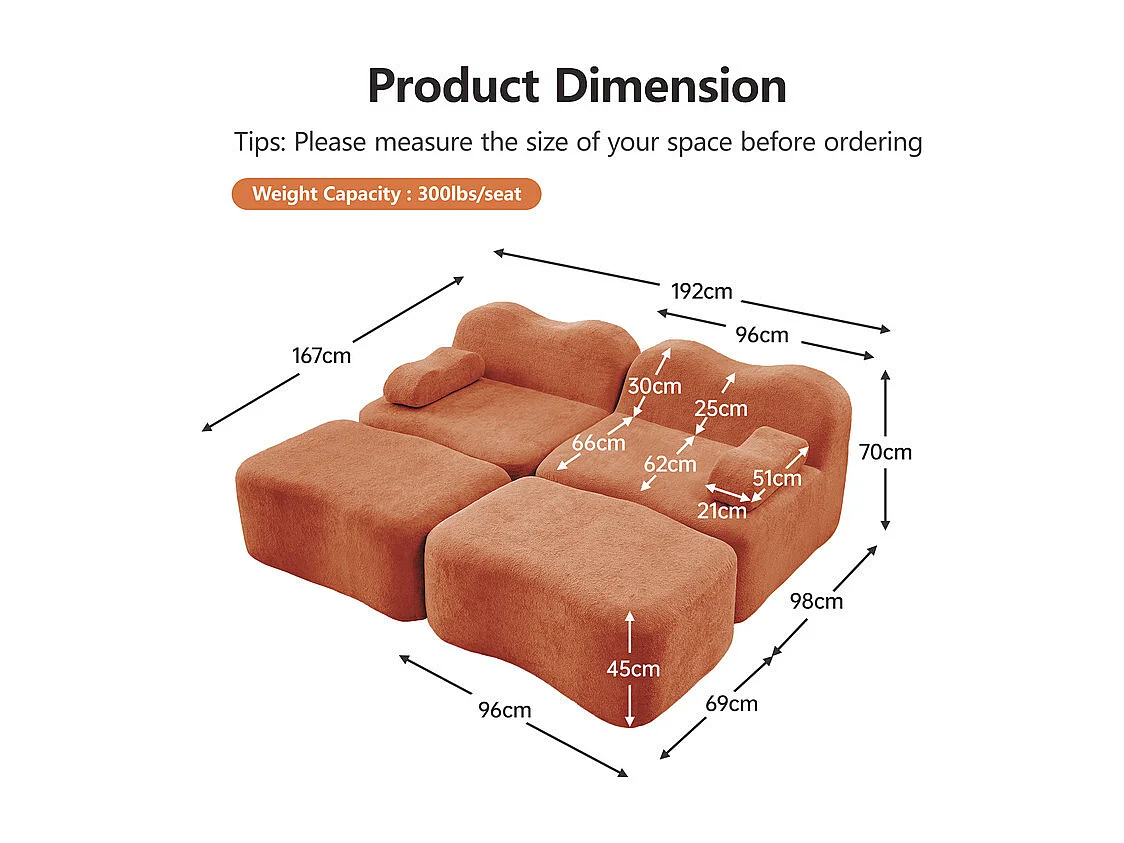 Canapé 2 places d'angle modulable en velours, avec 2 pouf, 192x167x70cm, Orange