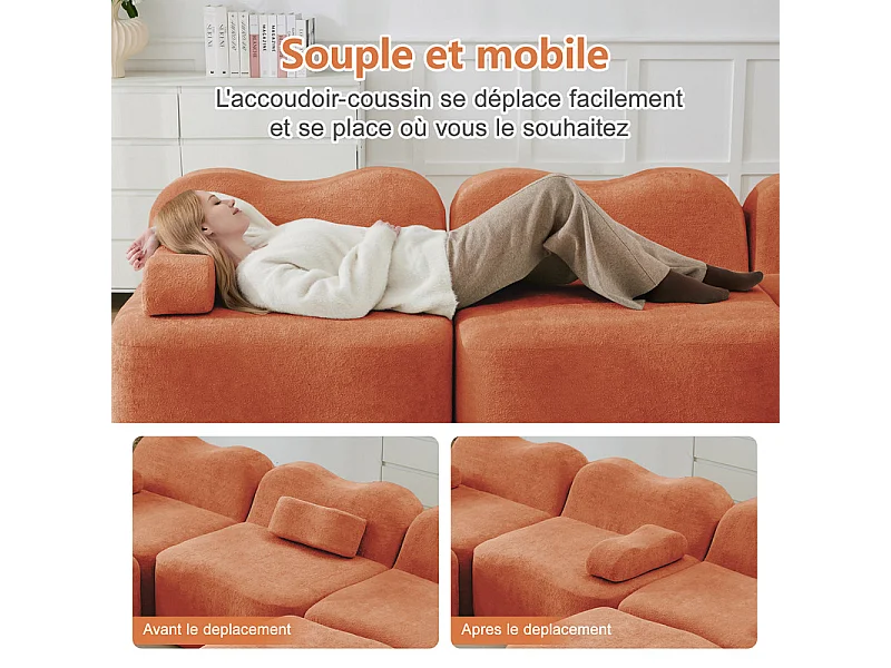 Canapé 2 places d'angle modulable en velours, avec 2 pouf, 192x167x70cm, Orange