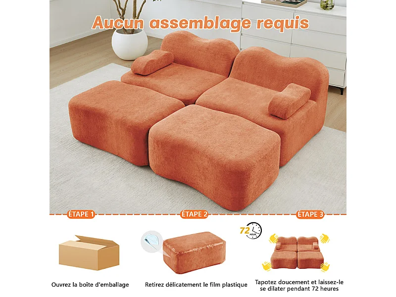 Canapé 2 places d'angle modulable en velours, avec 2 pouf, 192x167x70cm, Orange