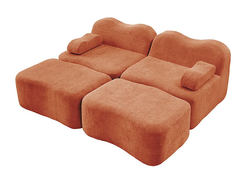 Canapé 2 places d'angle modulable en velours, avec 2 pouf, 192x167x70cm, Orange