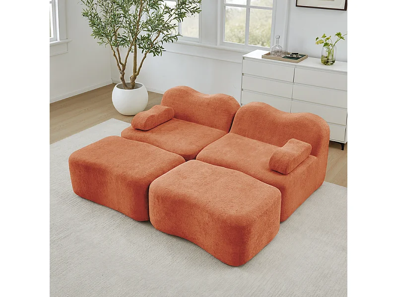 Canapé 2 places d'angle modulable en velours, avec 2 pouf, 192x167x70cm, Orange
