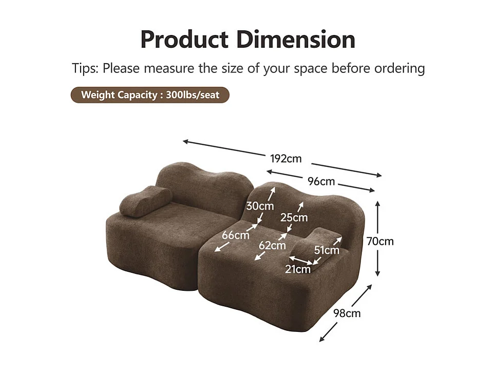 2-zits modulaire bank van fluweel, met mobiel armleuningskussen, 192x98x70cm, Bruin