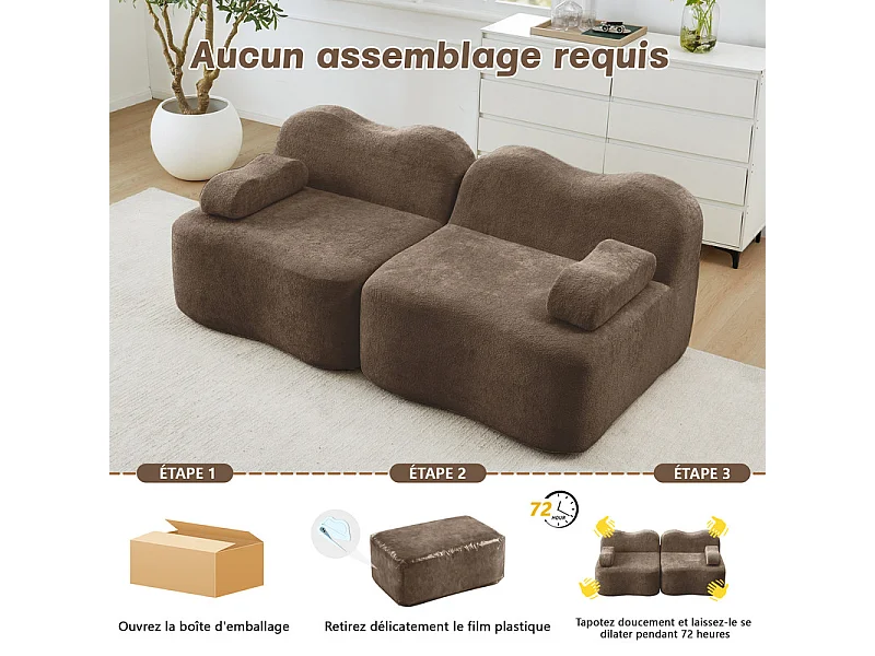 2-zits modulaire bank van fluweel, met mobiel armleuningskussen, 192x98x70cm, Bruin