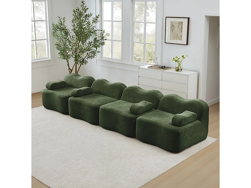 Canapé modulable en velours - 4 places - coussin d'accoudoir mobile - 384x98x70cm - Vert