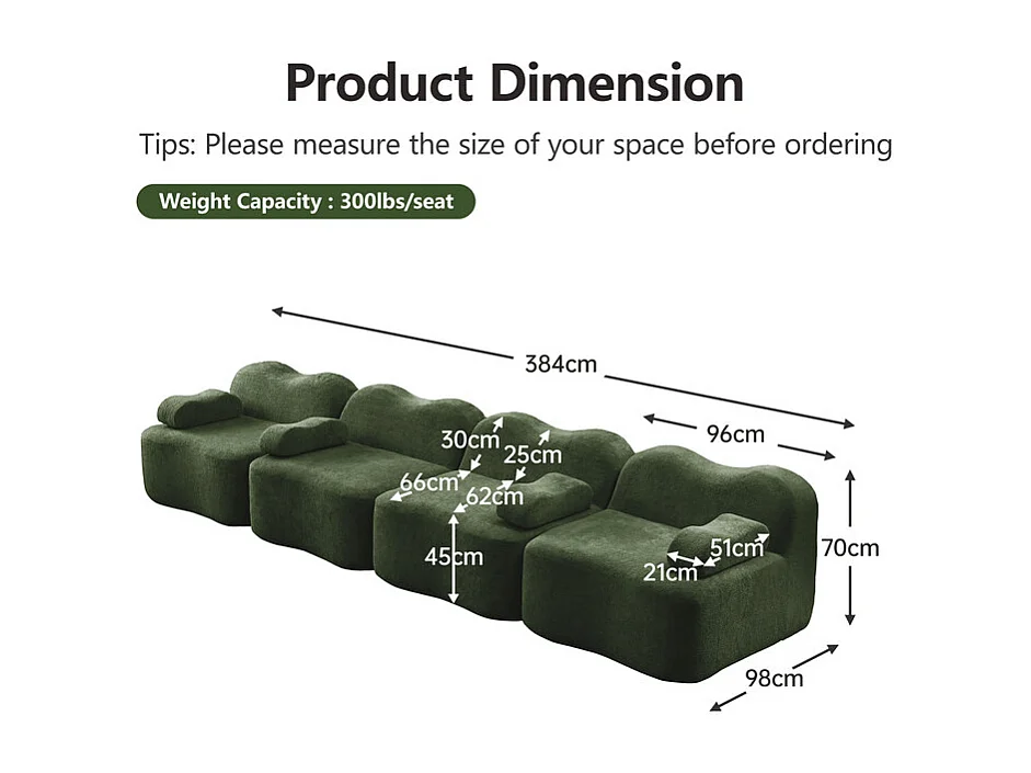 Canapé modulable en velours - 4 places - coussin d'accoudoir mobile - 384x98x70cm - Vert