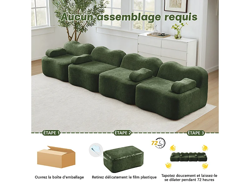 Canapé modulable en velours - 4 places - coussin d'accoudoir mobile - 384x98x70cm - Vert