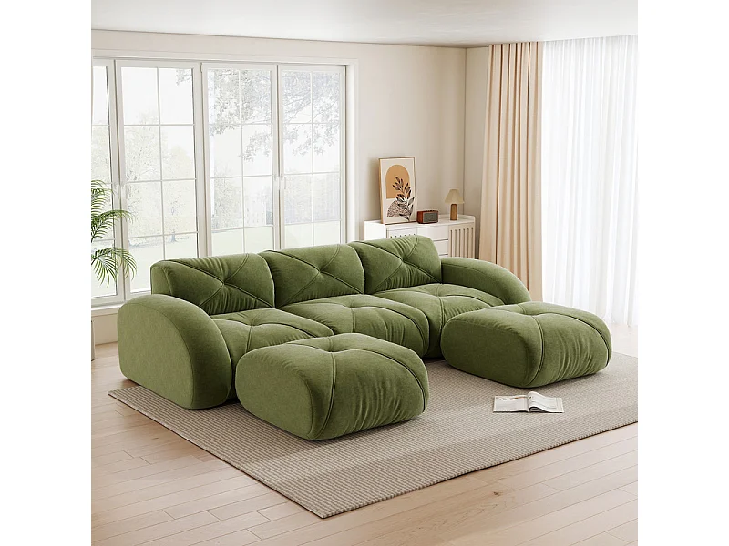 Canapé d'angle 3 places modulable en tissu chenille, avec 2 pouf, 281x171x76cm, Vert