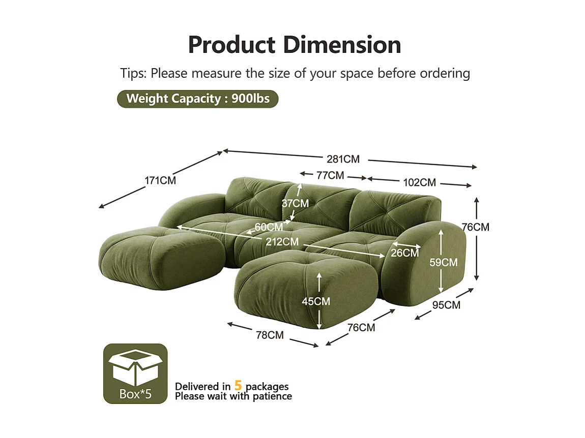 Canapé d'angle 3 places modulable en tissu chenille, avec 2 pouf, 281x171x76cm, Vert