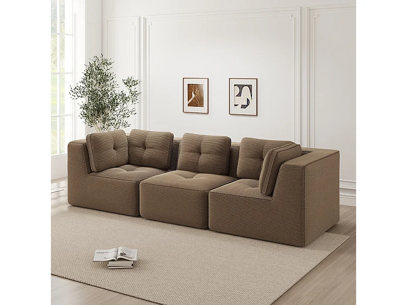 Canapé 3 places modulable, avec 5 coussins, en velours côtelé, Marron, 297x104x69cm