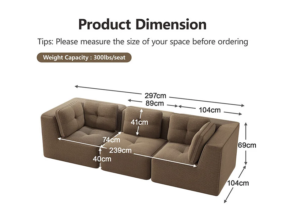 Canapé 3 places modulable, avec 5 coussins, en velours côtelé, Marron, 297x104x69cm