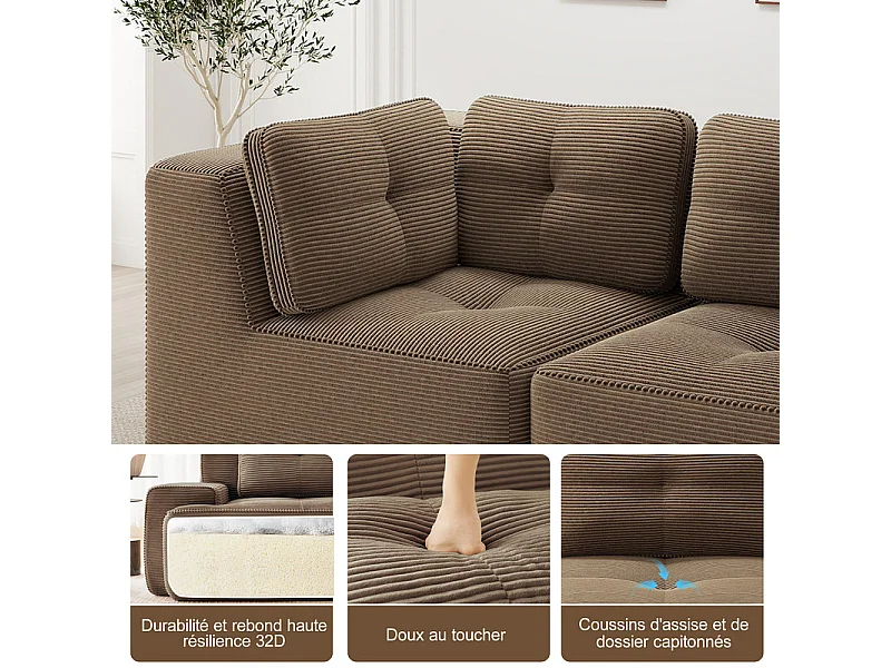 Canapé 3 places modulable, avec 5 coussins, en velours côtelé, Marron, 297x104x69cm