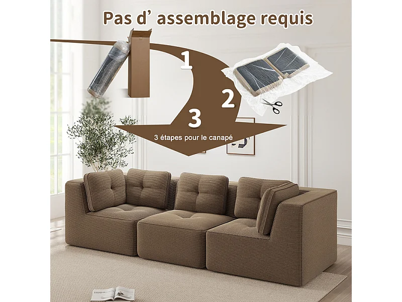 Canapé 3 places modulable, avec 5 coussins, en velours côtelé, Marron, 297x104x69cm