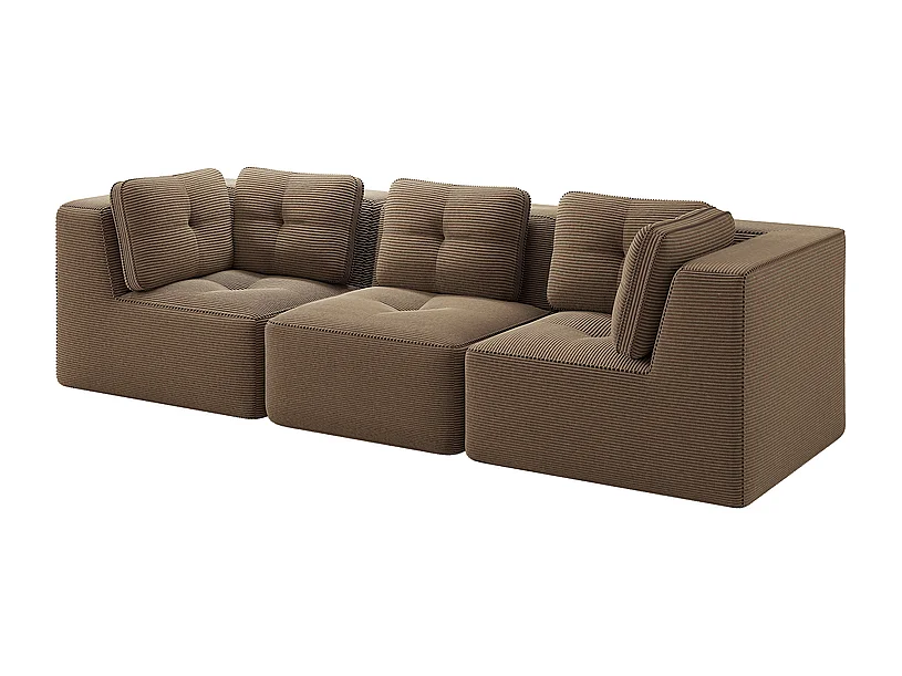 Canapé 3 places modulable, avec 5 coussins, en velours côtelé, Marron, 297x104x69cm