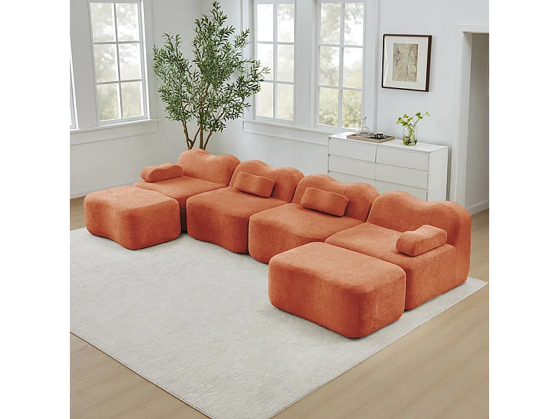 Modulaire U-hoekbank - 4-zits - met 2 poefs - Fluweel - 384x167x70cm - Oranje