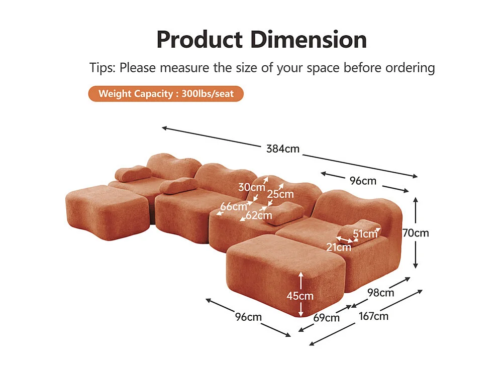 Modulaire U-hoekbank - 4-zits - met 2 poefs - Fluweel - 384x167x70cm - Oranje