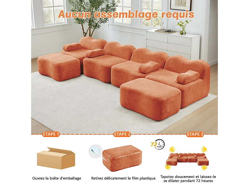 Modulaire U-hoekbank - 4-zits - met 2 poefs - Fluweel - 384x167x70cm - Oranje