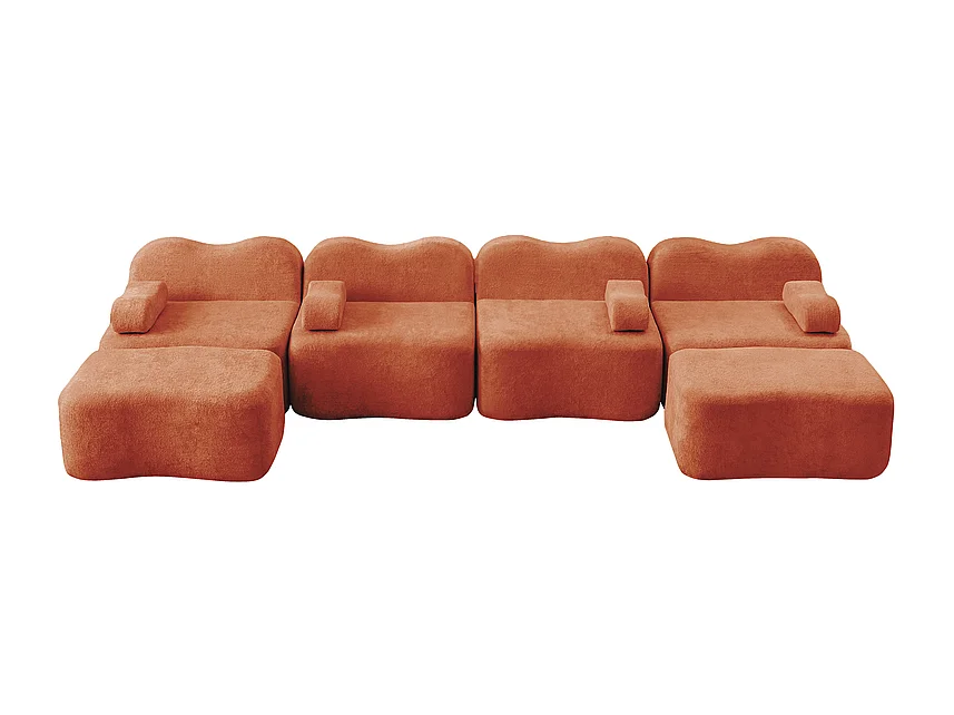 Modulaire U-hoekbank - 4-zits - met 2 poefs - Fluweel - 384x167x70cm - Oranje