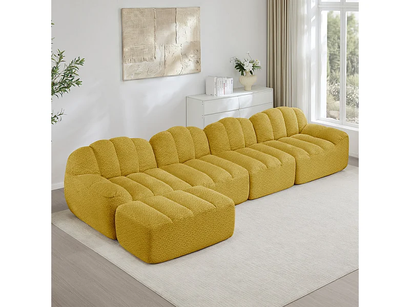 Canapé d'angle modulable en velours côtelé jaune, ergonomique, sans assemblage, 366x165x79cm