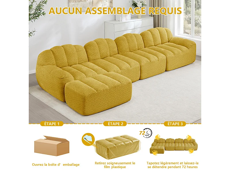 Canapé d'angle modulable en velours côtelé jaune, ergonomique, sans assemblage, 366x165x79cm