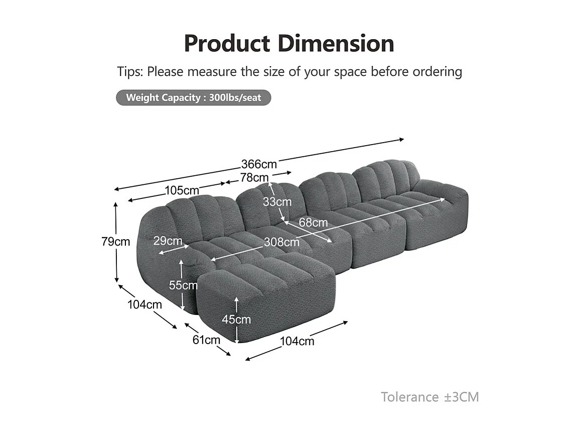 Canapé d'angle modulable en velours côtelé gris, ergonomique, sans assemblage, 366x165x79cm