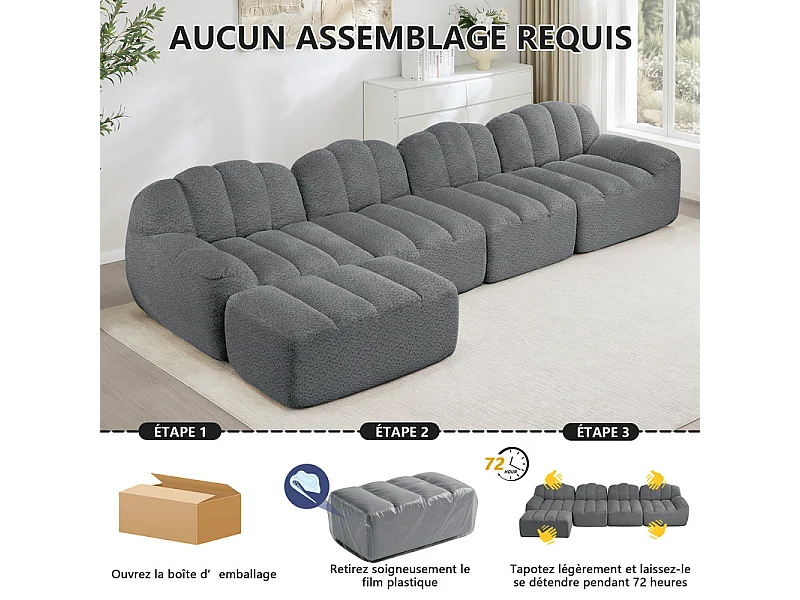 Canapé d'angle modulable en velours côtelé gris, ergonomique, sans assemblage, 366x165x79cm