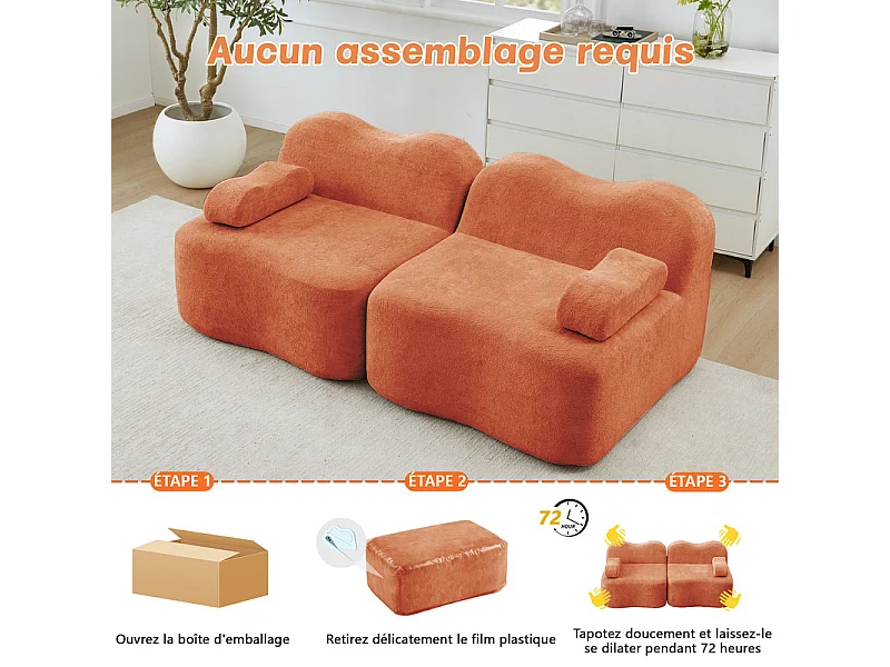 2-zits modulaire bank van fluweel, met mobiel armleuningskussen, 192x98x70cm, Oranje