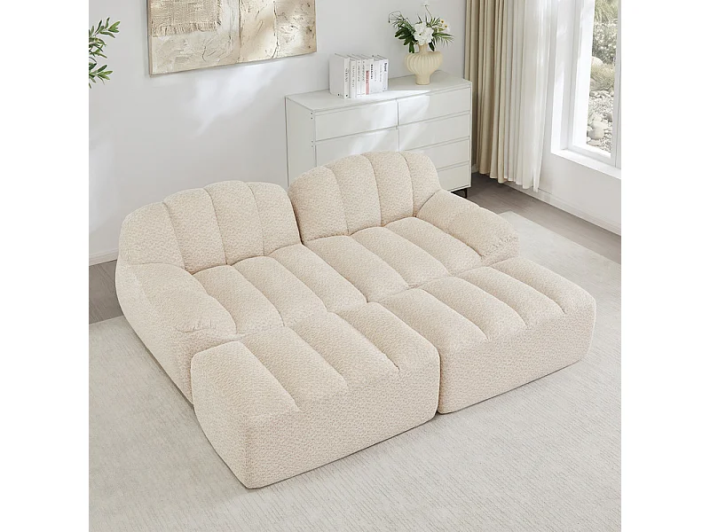 Canapé 2 places modulable en velours côtelé - avec 2 pouf - 68cm d'assise profonds - 210x165x79cm - Beige