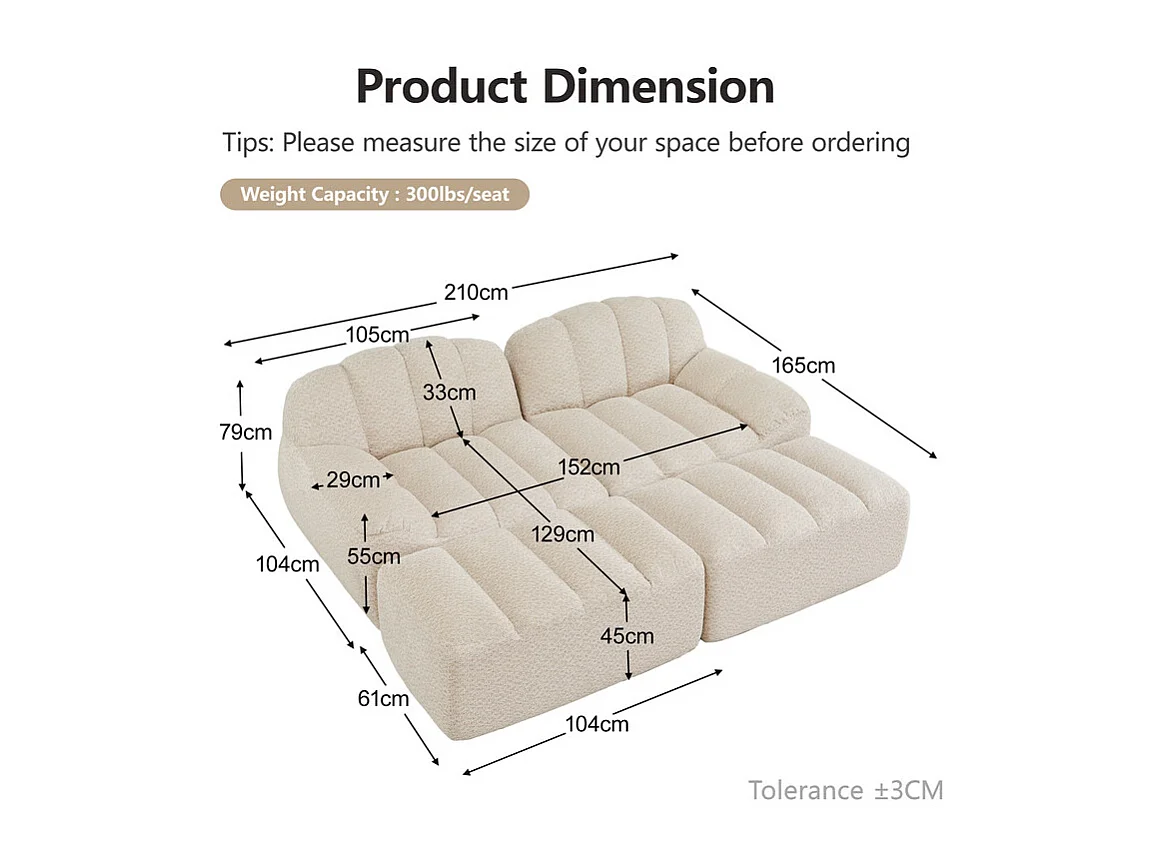 Canapé 2 places modulable en velours côtelé - avec 2 pouf - 68cm d'assise profonds - 210x165x79cm - Beige