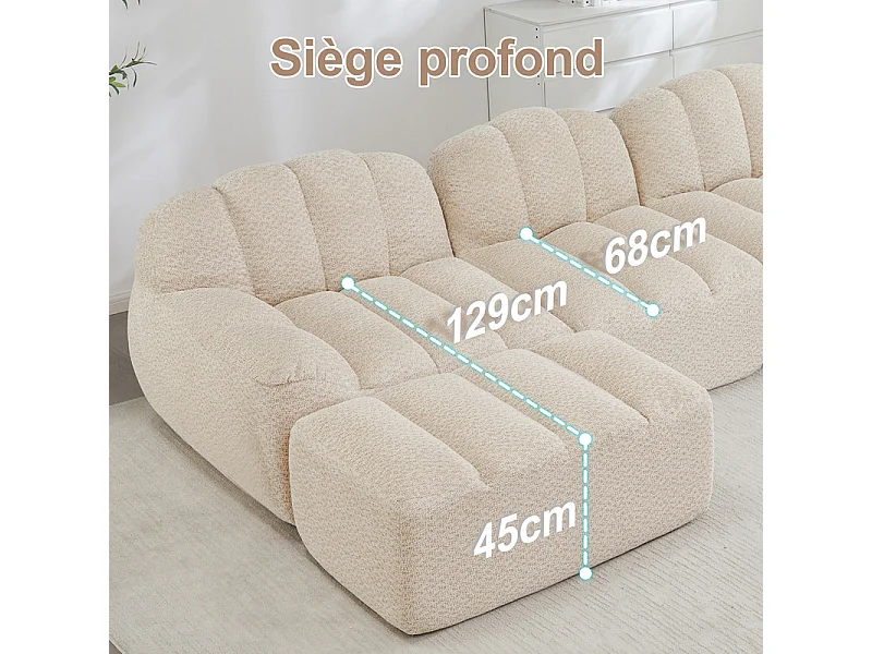Canapé 2 places modulable en velours côtelé - avec 2 pouf - 68cm d'assise profonds - 210x165x79cm - Beige