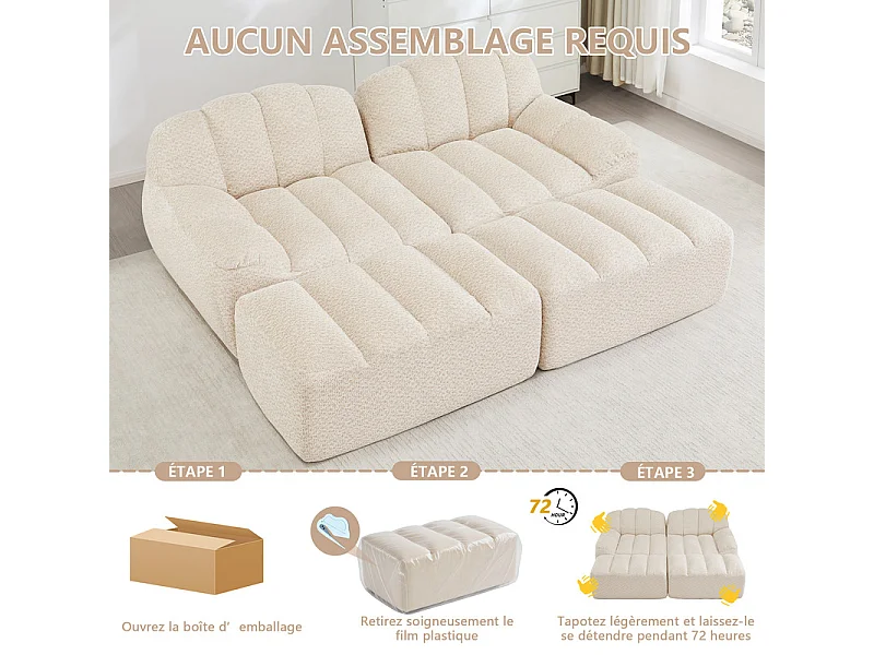 Canapé 2 places modulable en velours côtelé - avec 2 pouf - 68cm d'assise profonds - 210x165x79cm - Beige