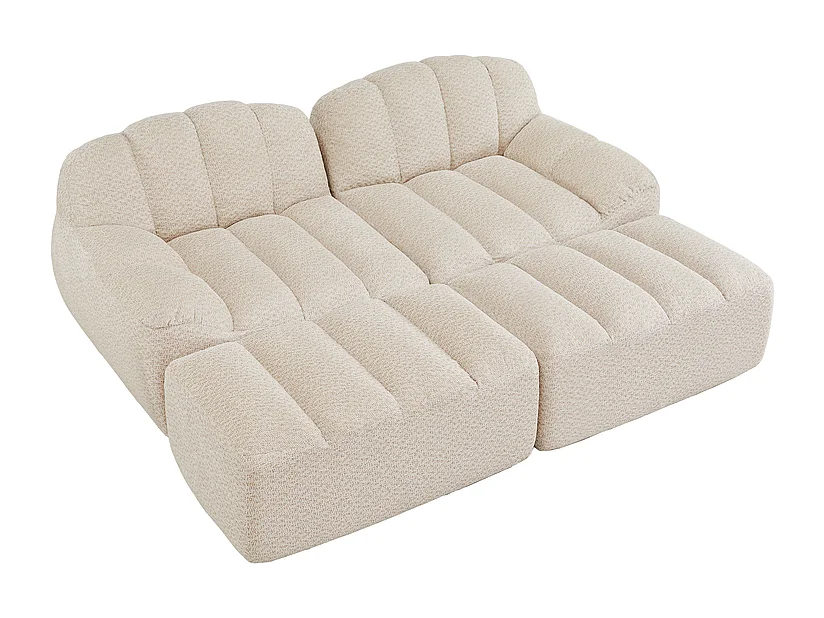 Canapé 2 places modulable en velours côtelé - avec 2 pouf - 68cm d'assise profonds - 210x165x79cm - Beige