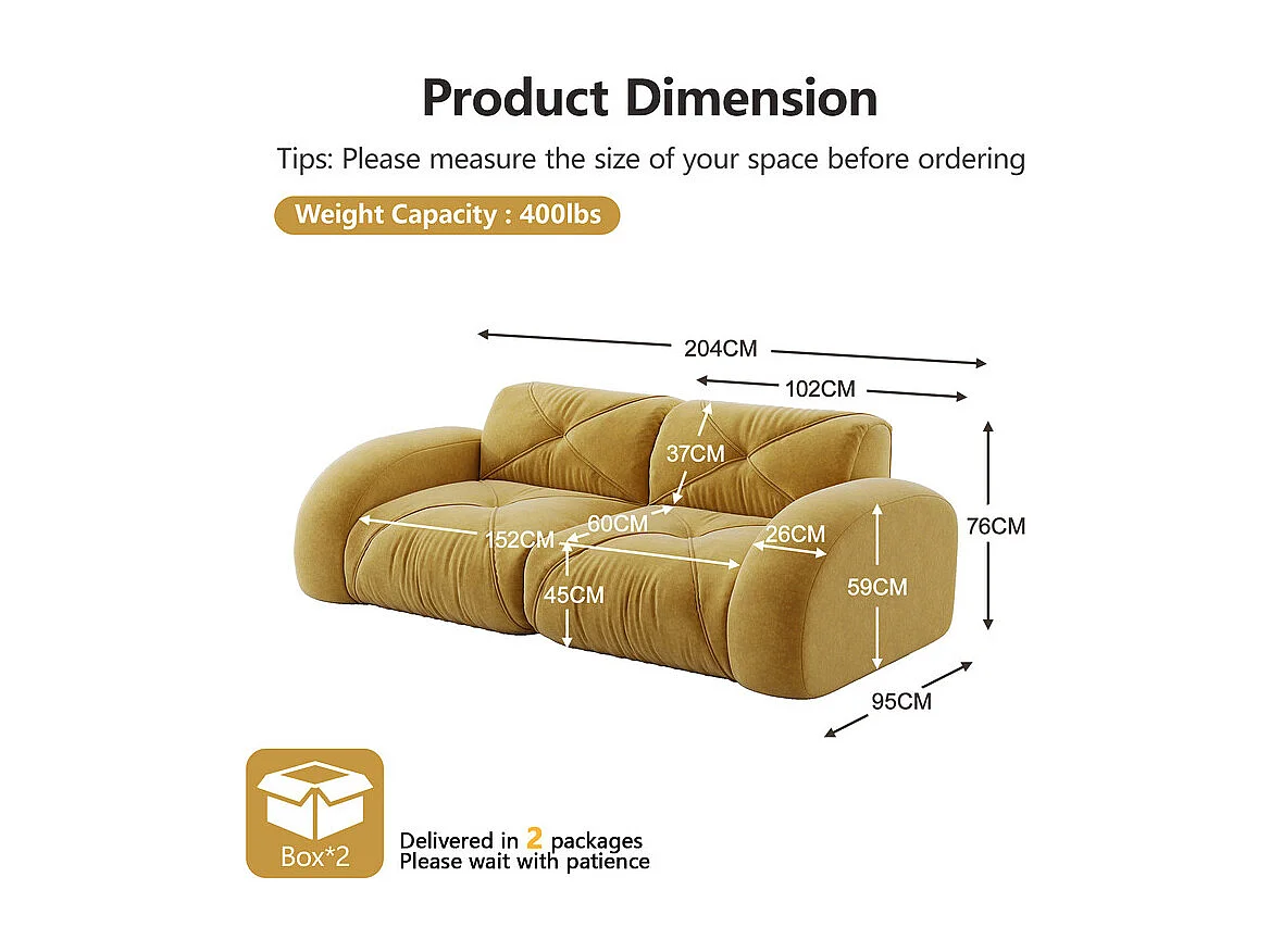 Canapé 2 places modulable en tissu chenille, 204x95x76cm, Jaune