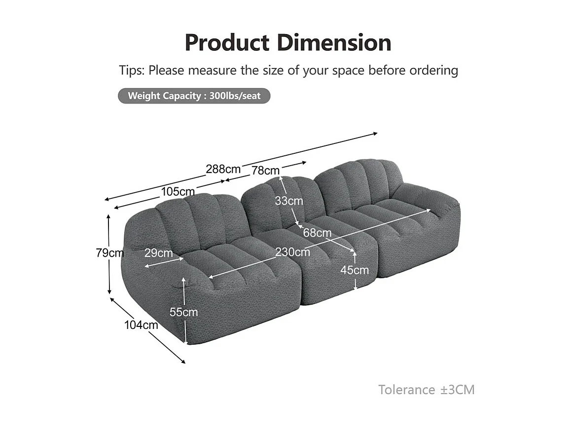 Canapé modulable en forme de coque - 3 places - velours côtelé - 288x104x79cm - Gris