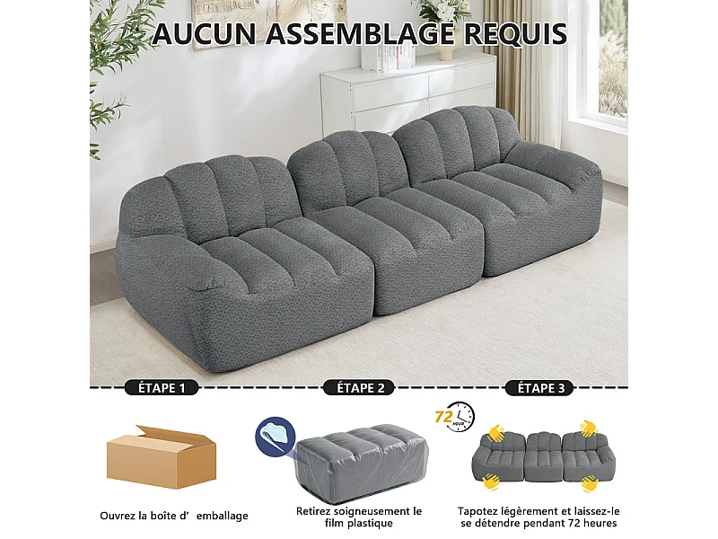 Canapé modulable en forme de coque - 3 places - velours côtelé - 288x104x79cm - Gris