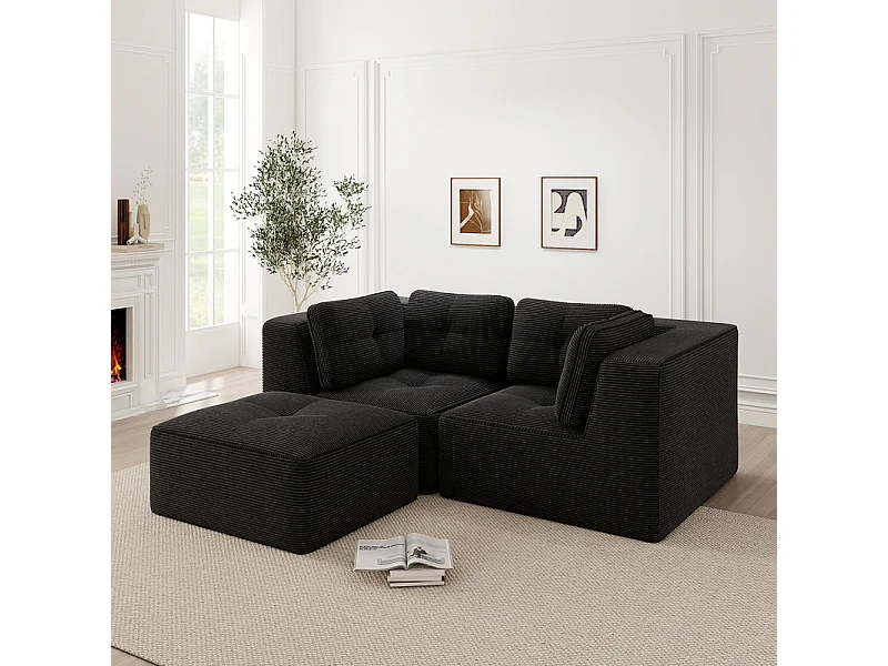 Canapé d'angle modulable, avec pouf et coussins, en velours côtelé, Noir, 208x177x69cm
