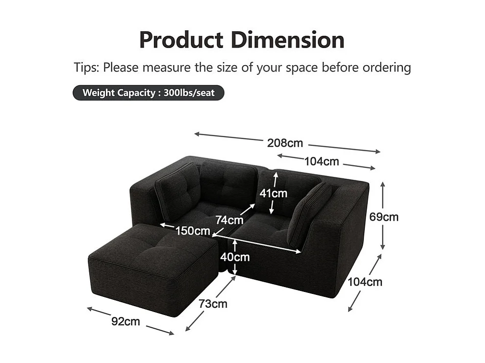 Canapé d'angle modulable, avec pouf et coussins, en velours côtelé, Noir, 208x177x69cm