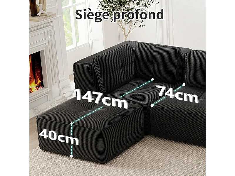 Canapé d'angle modulable, avec pouf et coussins, en velours côtelé, Noir, 208x177x69cm