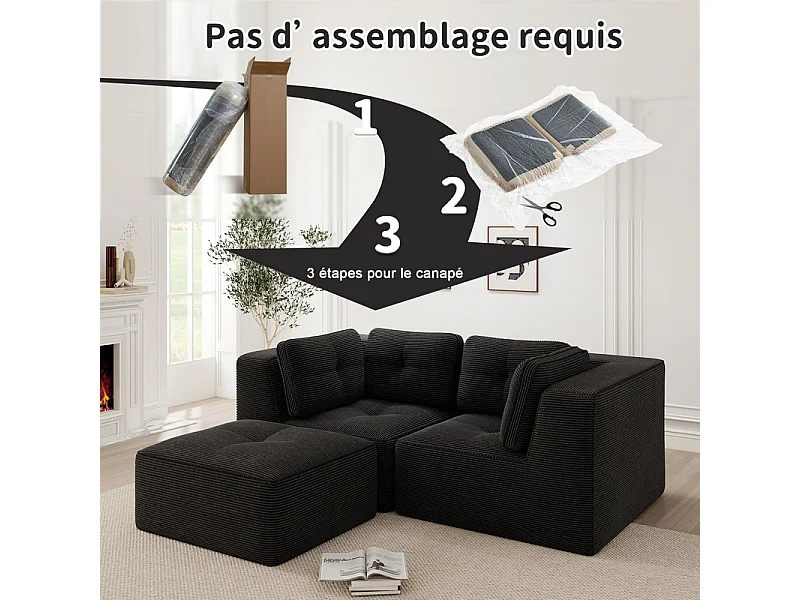 Canapé d'angle modulable, avec pouf et coussins, en velours côtelé, Noir, 208x177x69cm