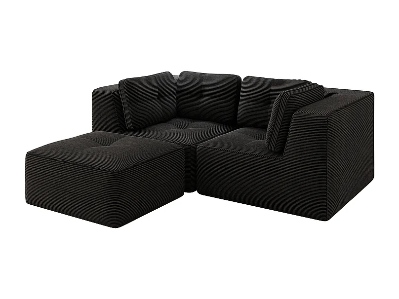 Canapé d'angle modulable, avec pouf et coussins, en velours côtelé, Noir, 208x177x69cm
