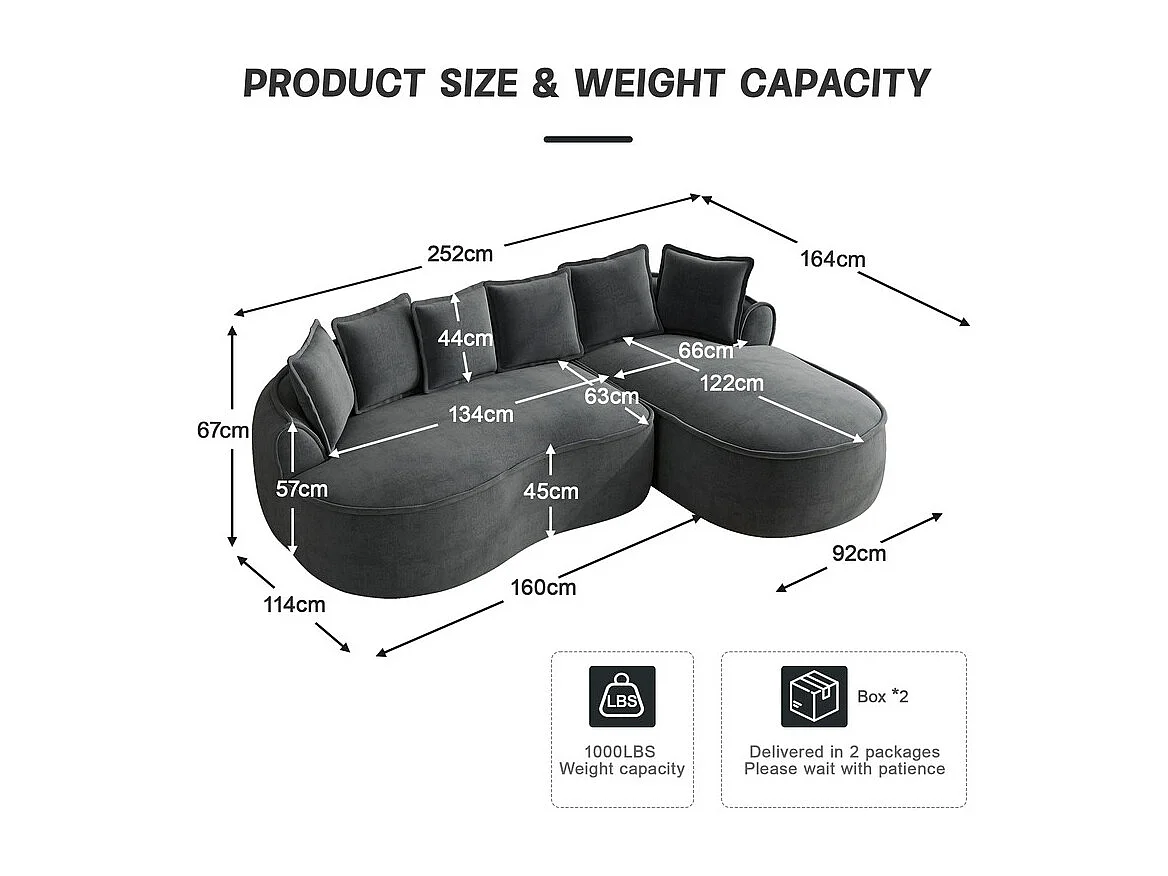 Canapé d'angle droit modulable en tissu chenille gris, 3 places, avec 112cm méridienne, 252x164x67cm