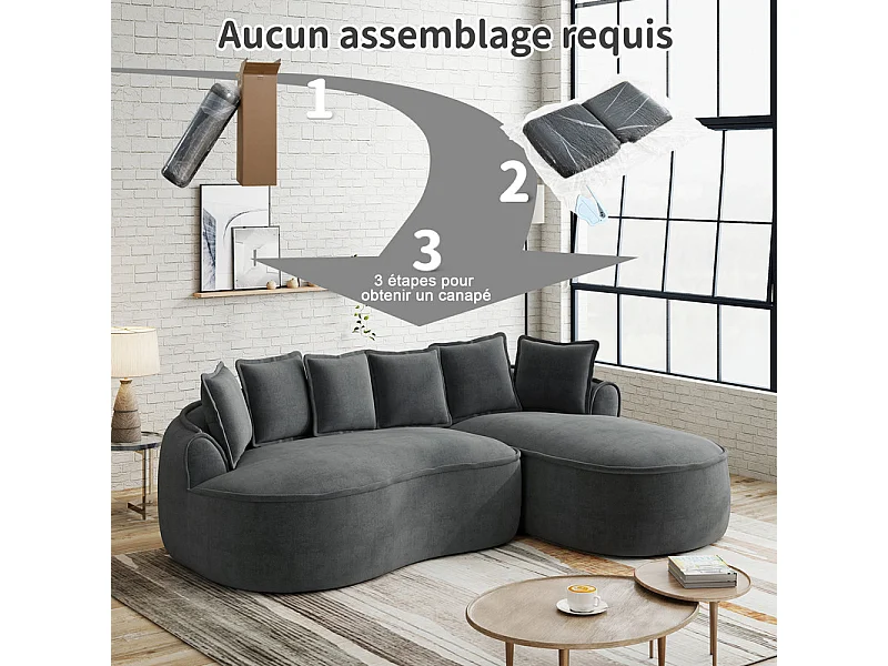 Canapé d'angle droit modulable en tissu chenille gris, 3 places, avec 112cm méridienne, 252x164x67cm