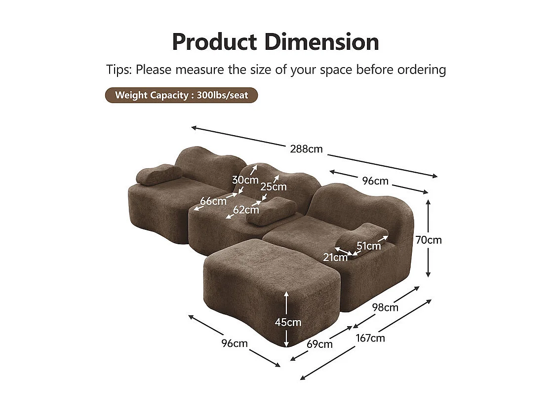 Canapé d'angle modulable en velours, avec pouf et coussin d'accoudoir, 288x167x70cm, Marron